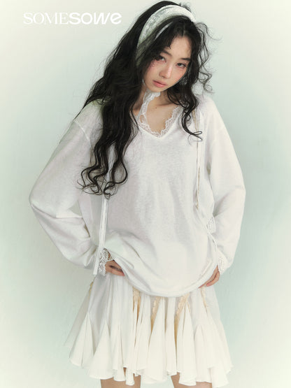 SOMESOWE S2609075 Lace patchwork ribbon hooded T-shirt