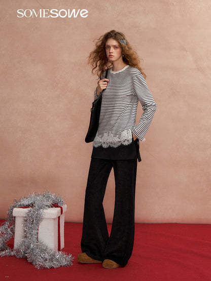 SOMESOWE S2508297 Lace patchwork velvet striped long sleeved T-shirt