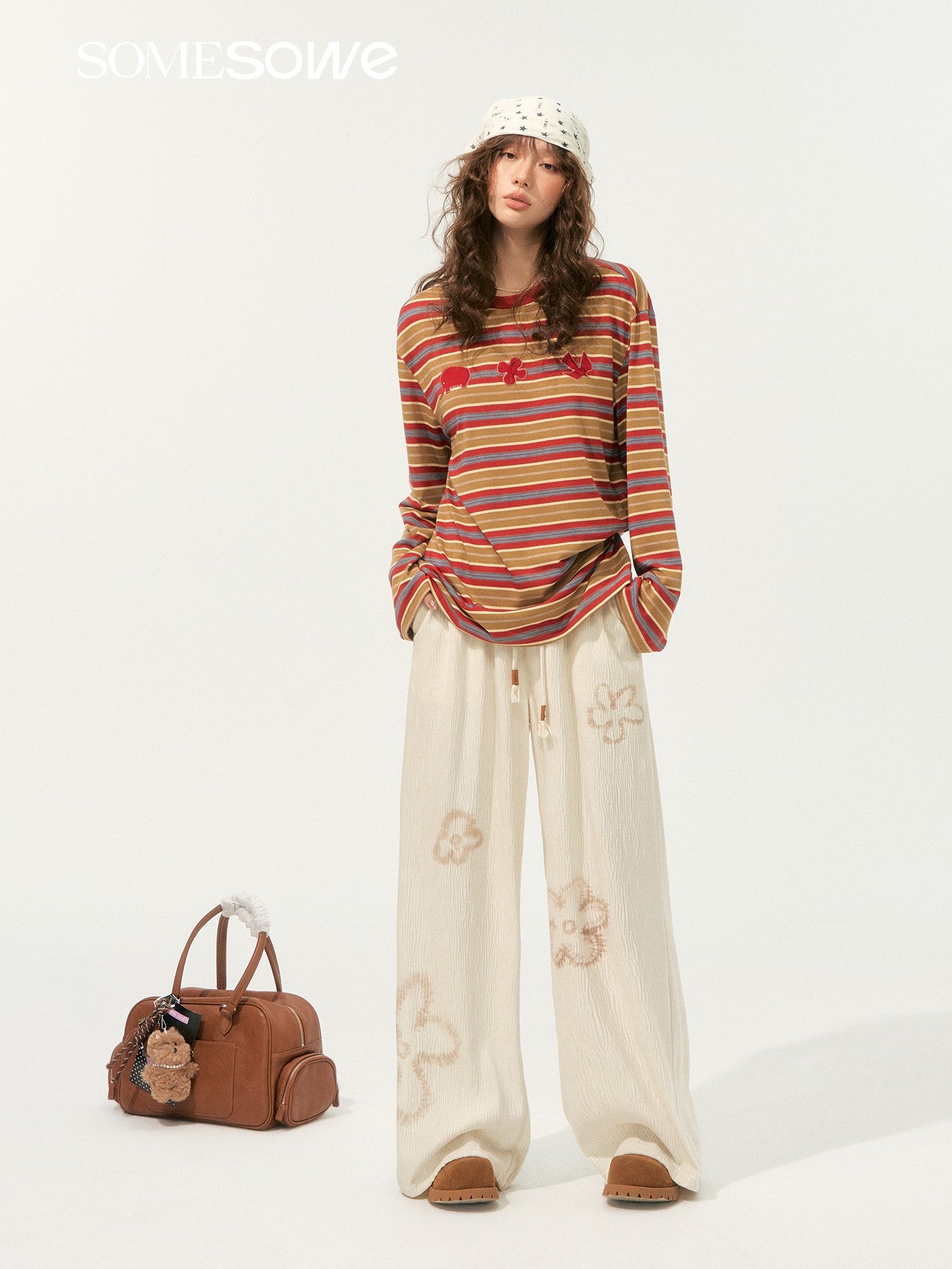 SOMESOWE S2508200 Fun sticky embroidered striped T-shirt (2color)