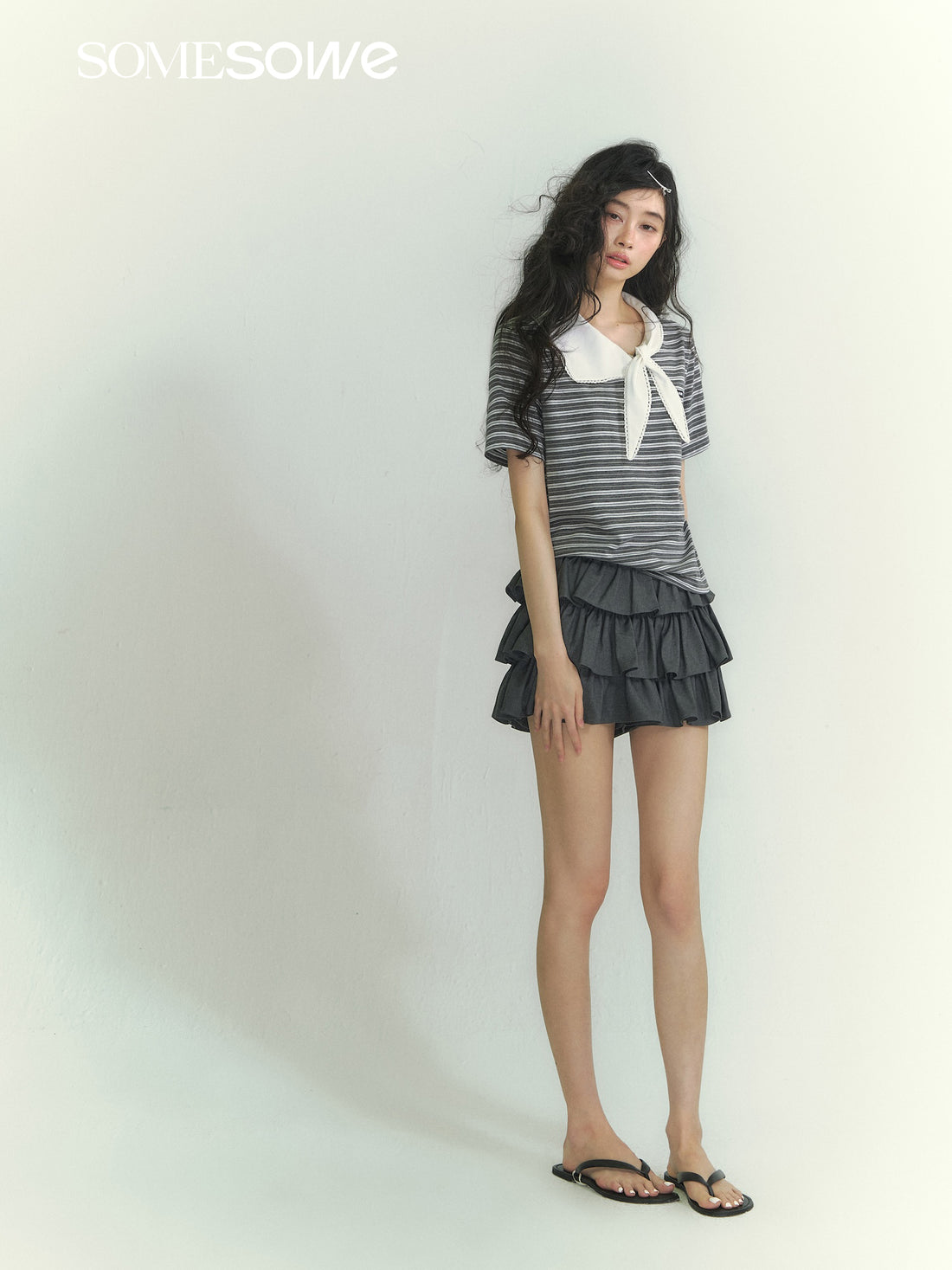 SOMESOWE S2609041 Lace collar short sleeved striped T-shirt