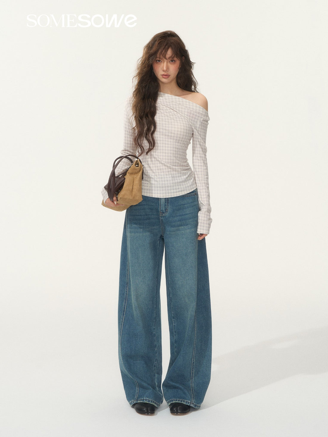 SOMESOWE S2508260 Velvet plaid diagonal shoulder pleated long sleeved T-shirt