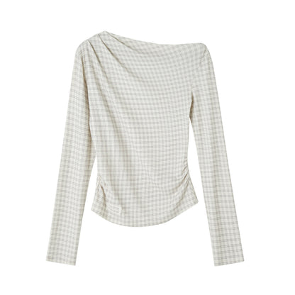 SOMESOWE S2508260 Velvet plaid diagonal shoulder pleated long sleeved T-shirt