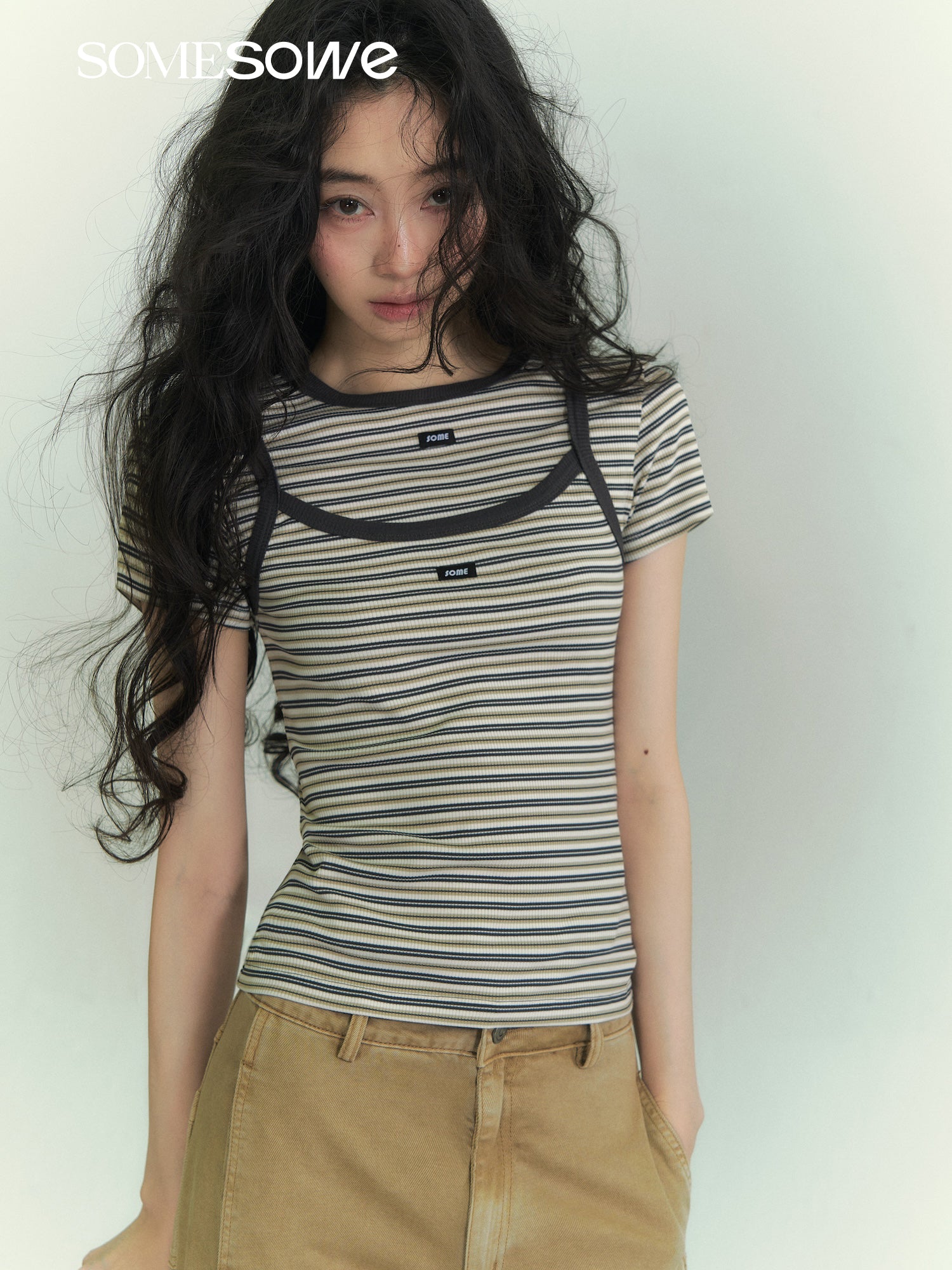 SOMESOWE S2609040 Casual striped T-shirt sling set