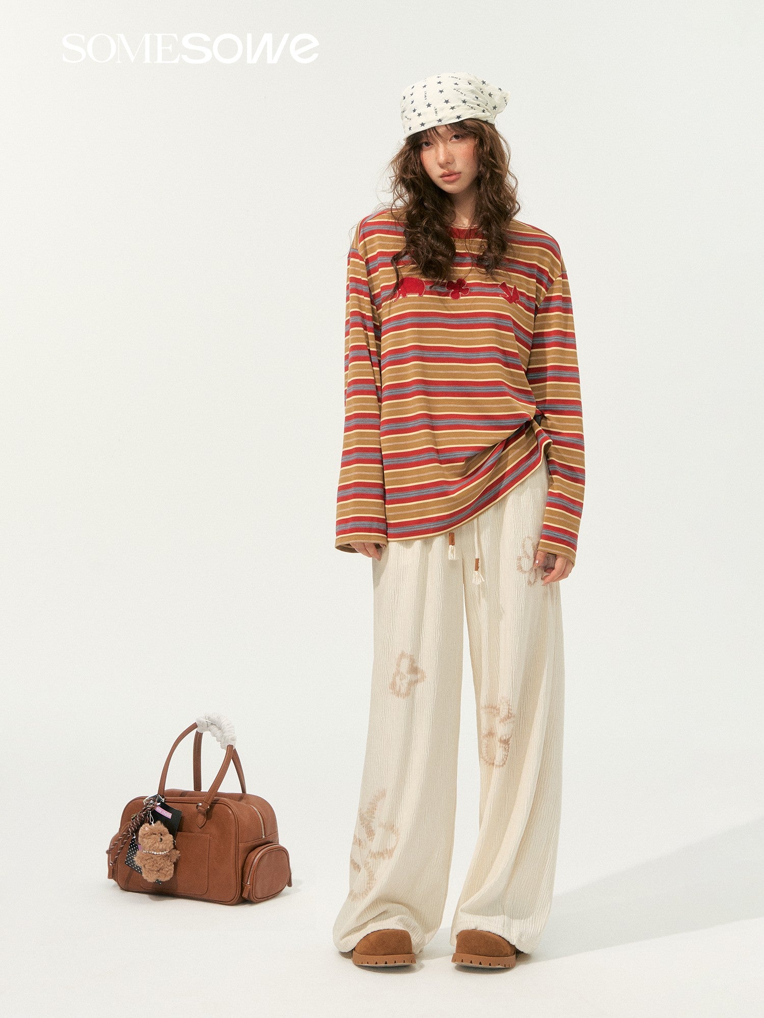 SOMESOWE S2508200 Fun sticky embroidered striped T-shirt (2color)