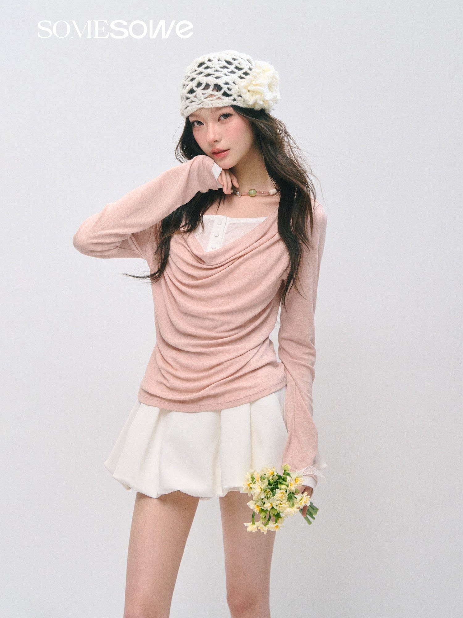 SOMESOWE S2509021 Fake Two Swinging Collar Waist Long Sleeve T-shirts