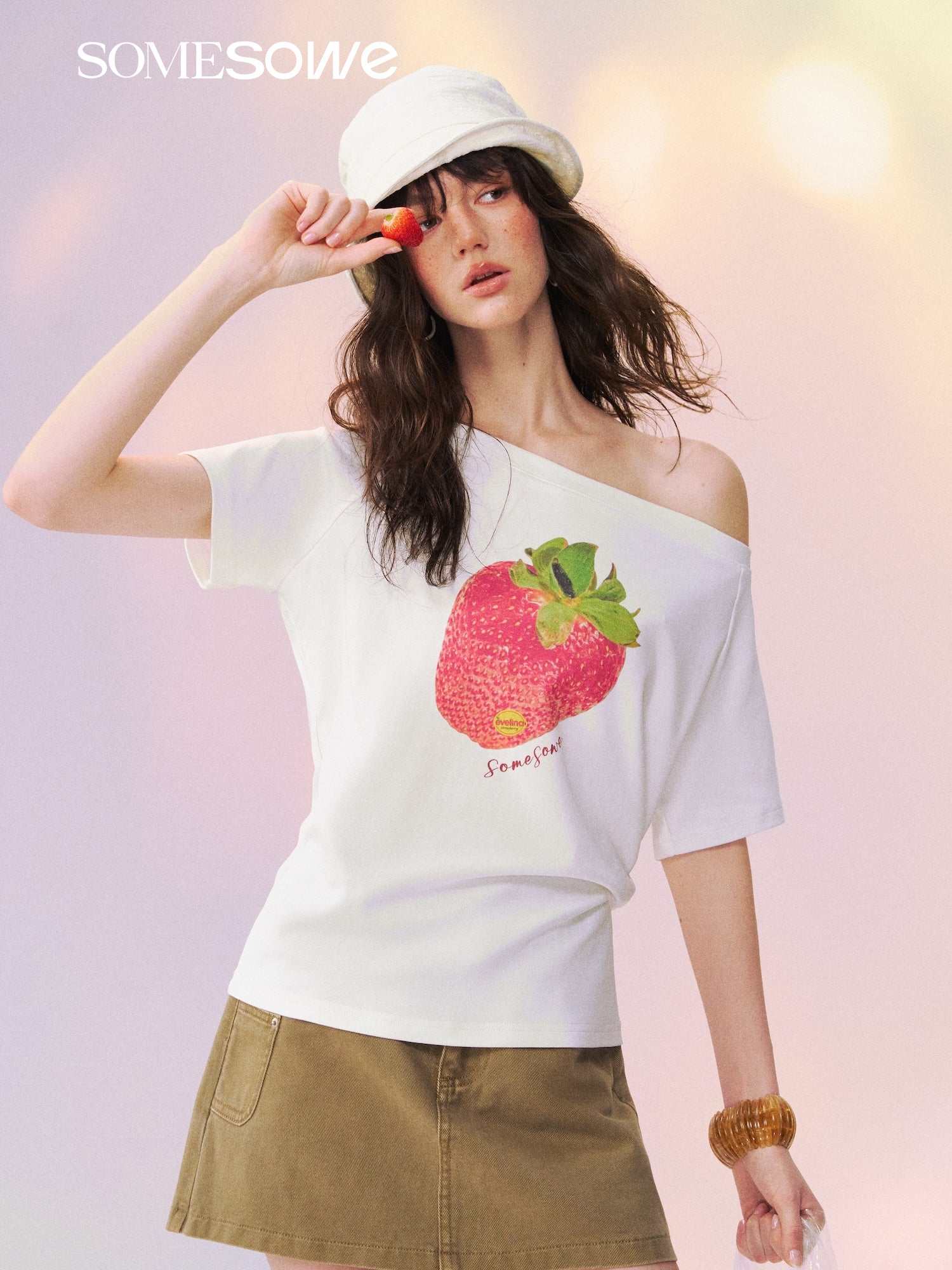 SOMESOWE S2609129 Dopamine Color Strawberry Print Off-the-Shoulder T-shirt