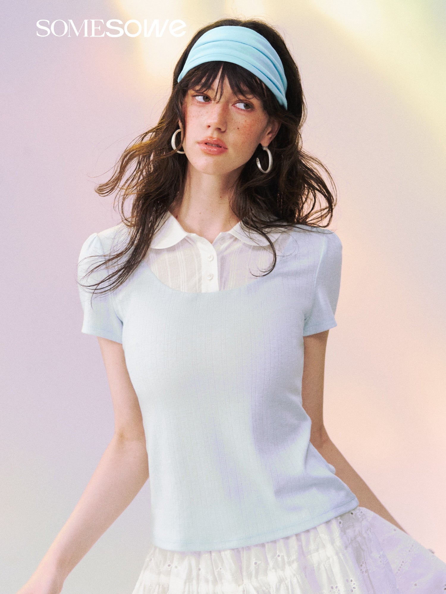 SOMESOWE S2609136 Fake Two-Piece Peter Pan Collar Short Sleeve T-Shirt