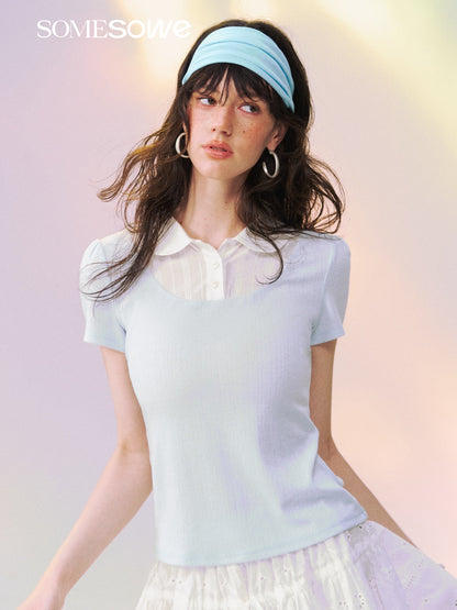 SOMESOWE S2609136 Fake Two-Piece Peter Pan Collar Short Sleeve T-Shirt