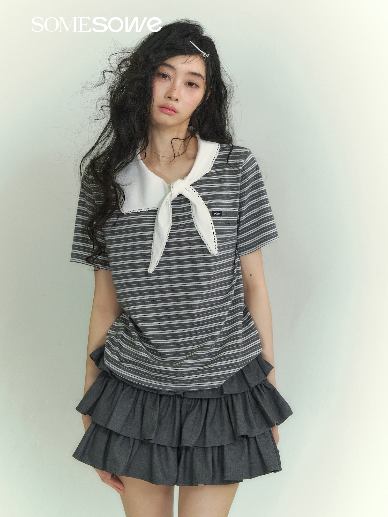 SOMESOWE S2609041 Lace collar short sleeved striped T-shirt