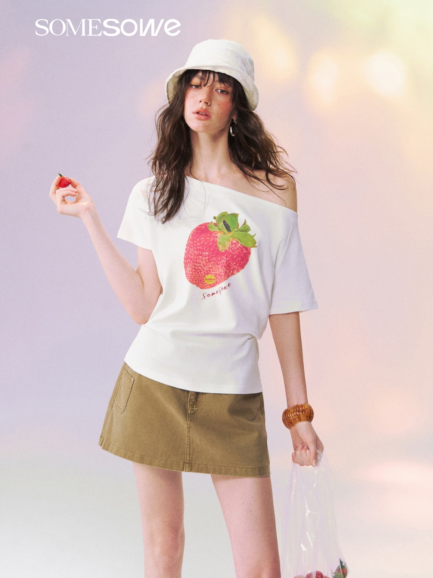 SOMESOWE S2609129 Dopamine Color Strawberry Print Off-the-Shoulder T-shirt