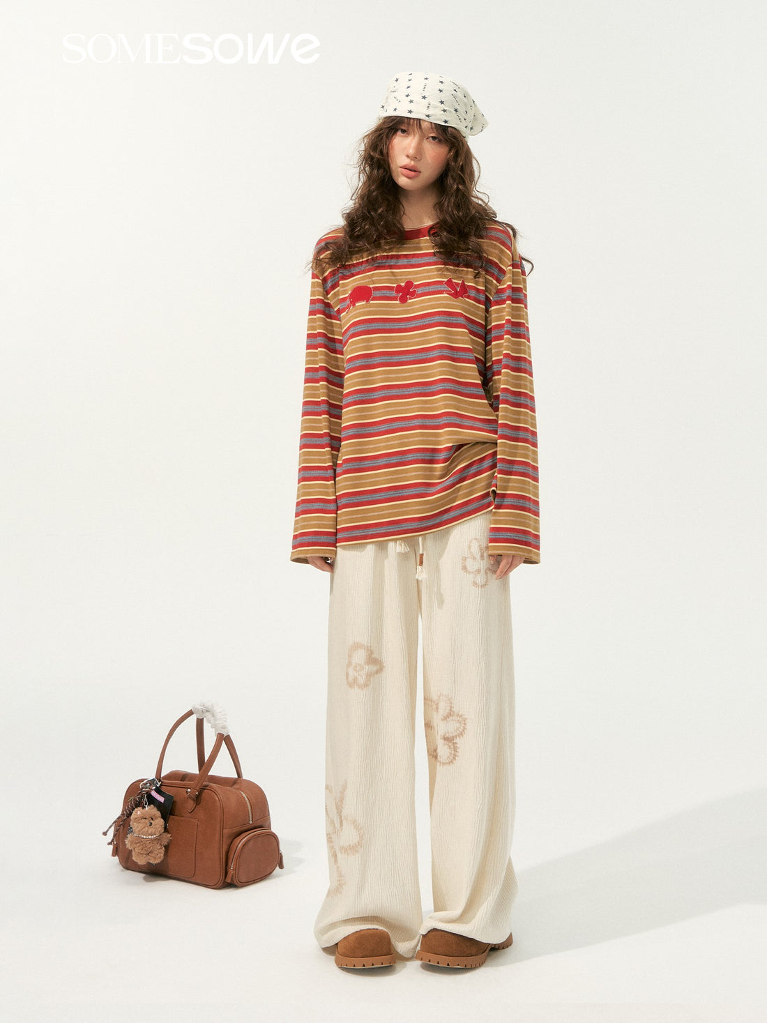 SOMESOWE S2508200 Fun sticky embroidered striped T-shirt (2color)
