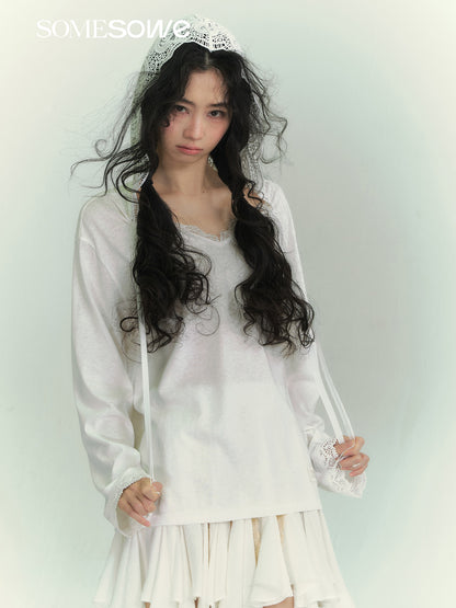SOMESOWE S2609075 Lace patchwork ribbon hooded T-shirt