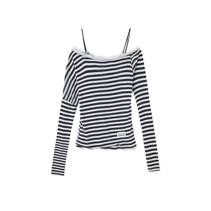 SOMESOWE S2508188 Striped off shoulder long sleeved T-shirt