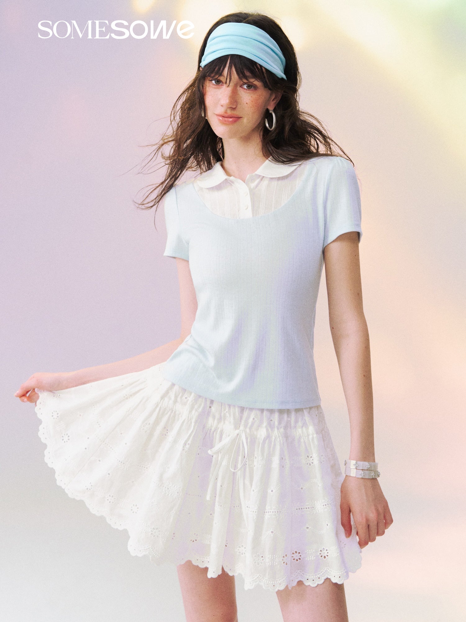 SOMESOWE S2609136 Fake Two-Piece Peter Pan Collar Short Sleeve T-Shirt