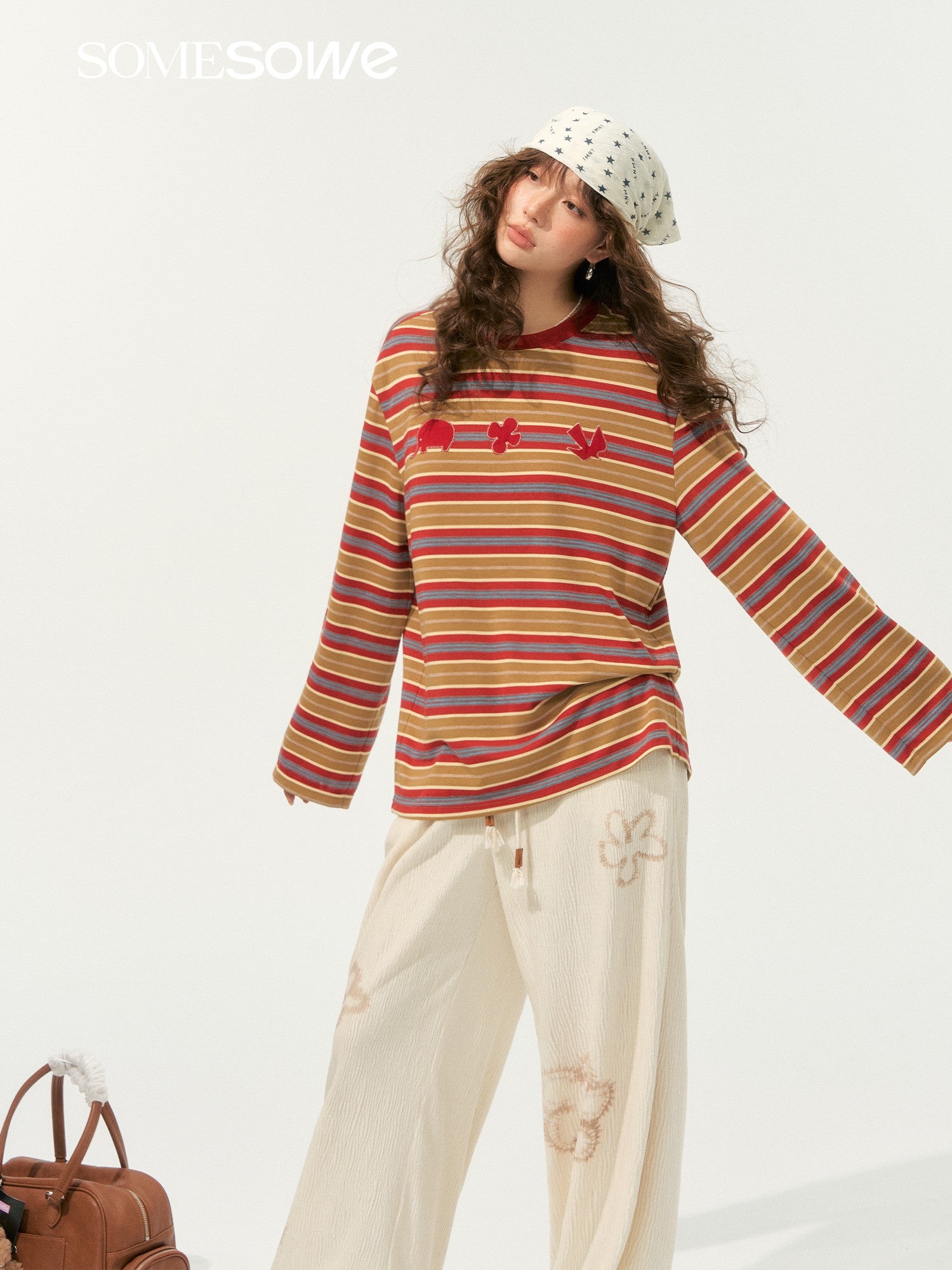 SOMESOWE S2508200 Fun sticky embroidered striped T-shirt (2color)