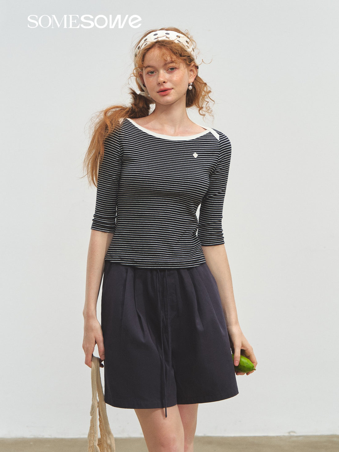 SOMESOWE S2508154 Envelope collar mid sleeve striped T-shirt