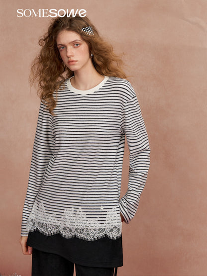 SOMESOWE S2508297 Lace patchwork velvet striped long sleeved T-shirt