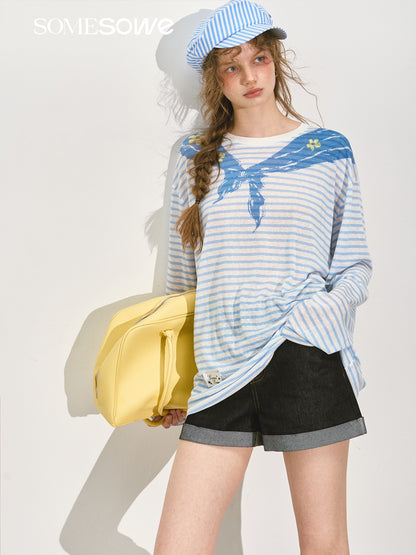 SOMESOWE S2508134 Navy collar printed striped long sleeved T-shirt