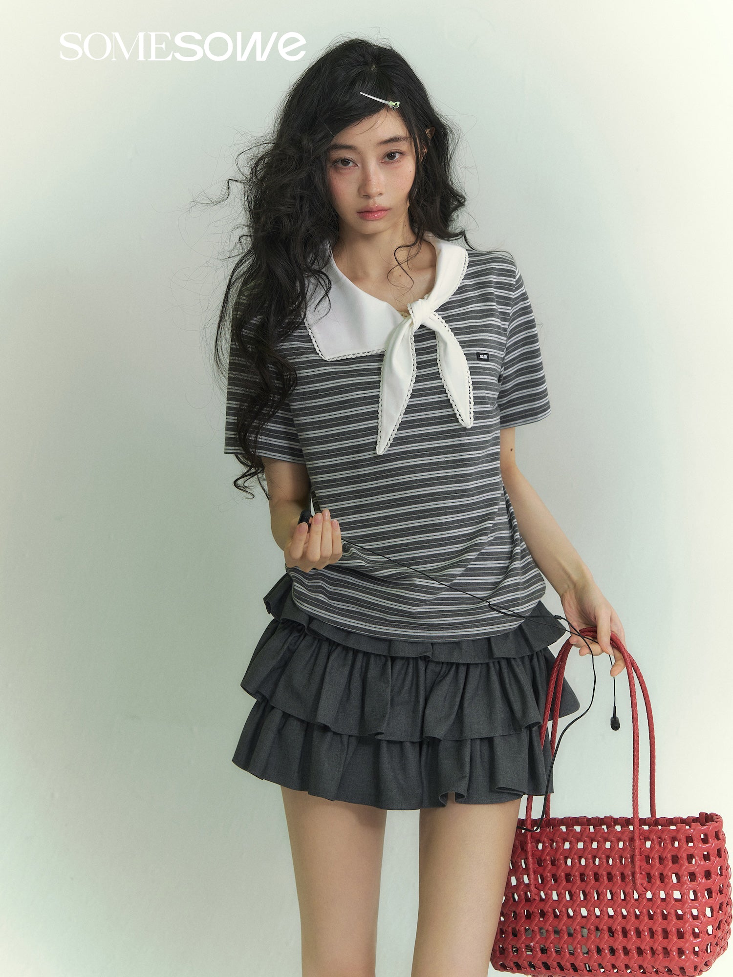 SOMESOWE S2609041 Lace collar short sleeved striped T-shirt