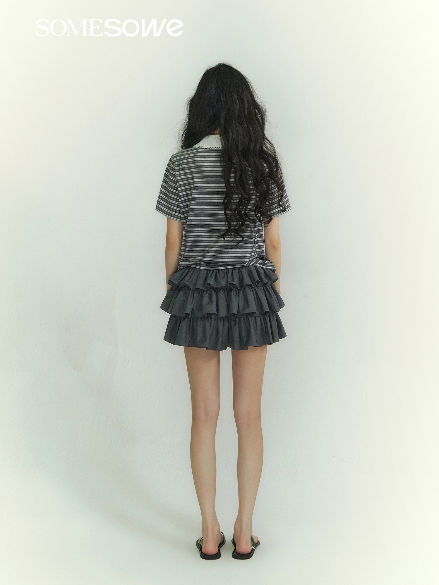 SOMESOWE S2609041 Lace collar short sleeved striped T-shirt