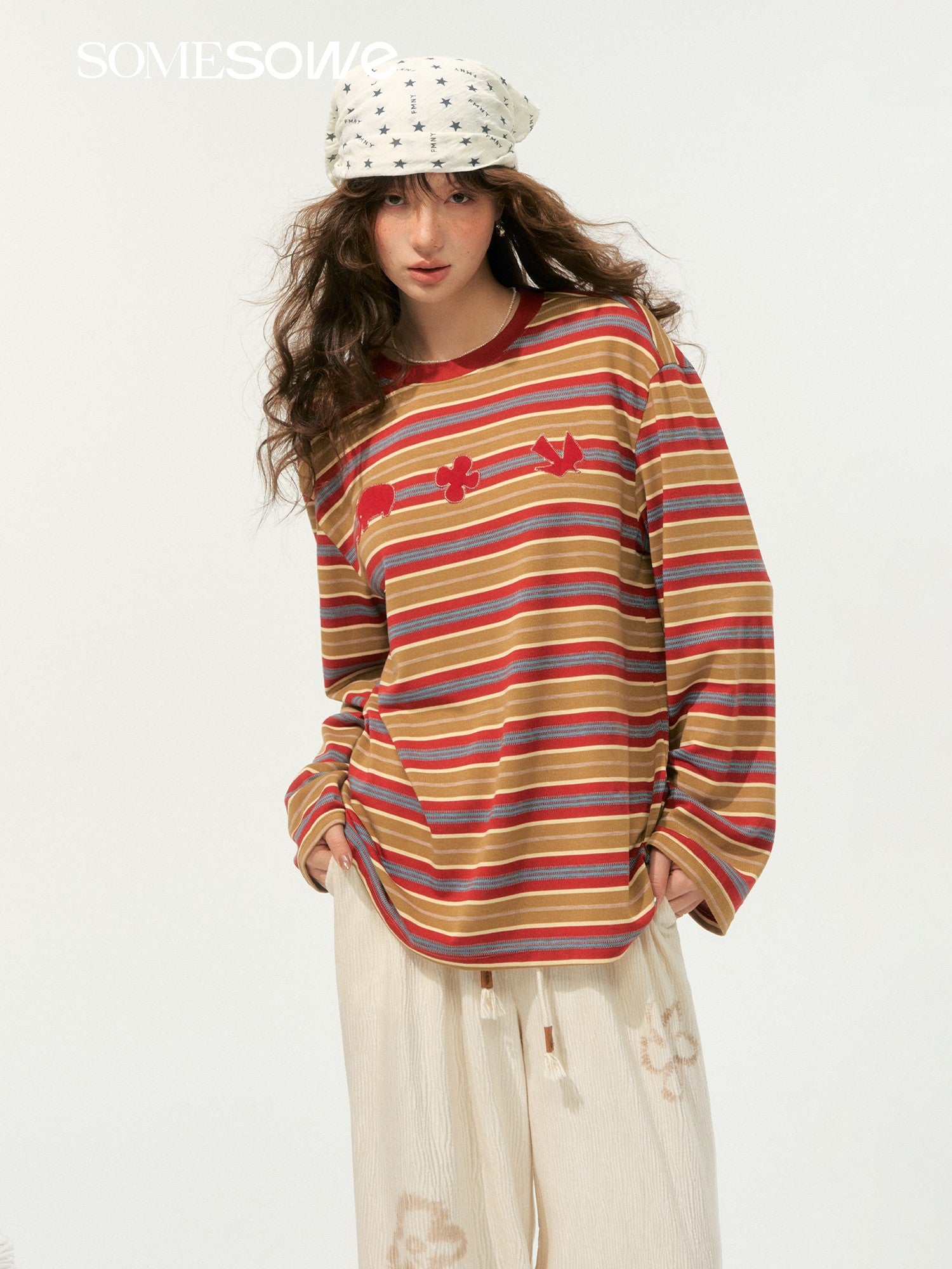 SOMESOWE S2508200 Fun sticky embroidered striped T-shirt (2color)