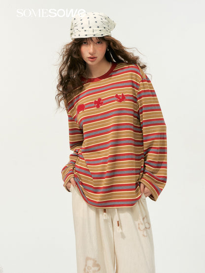 SOMESOWE S2508200 Fun sticky embroidered striped T-shirt (2color)