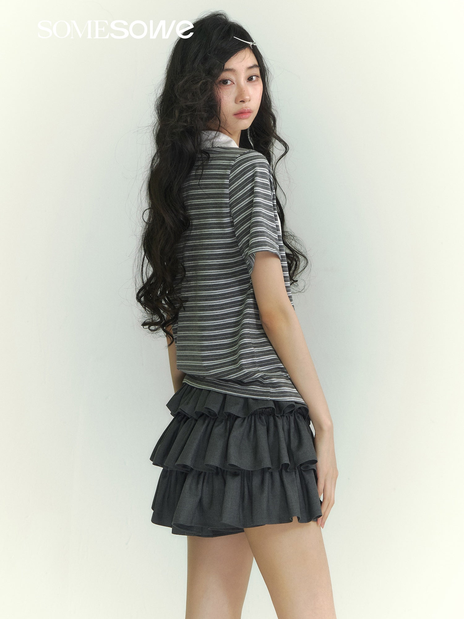 SOMESOWE S2609041 Lace collar short sleeved striped T-shirt