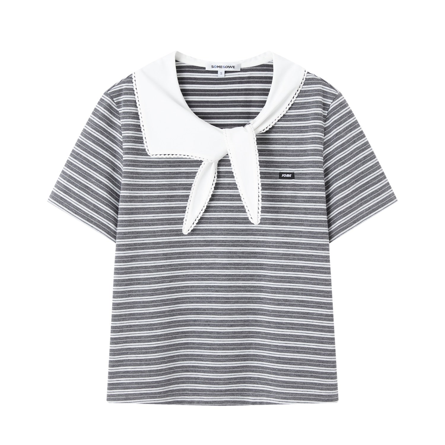 SOMESOWE S2609041 Lace collar short sleeved striped T-shirt