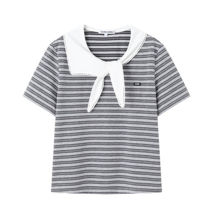 SOMESOWE S2609041 Lace collar short sleeved striped T-shirt