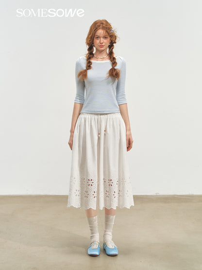 SOMESOWE S2508154 Envelope collar mid sleeve striped T-shirt