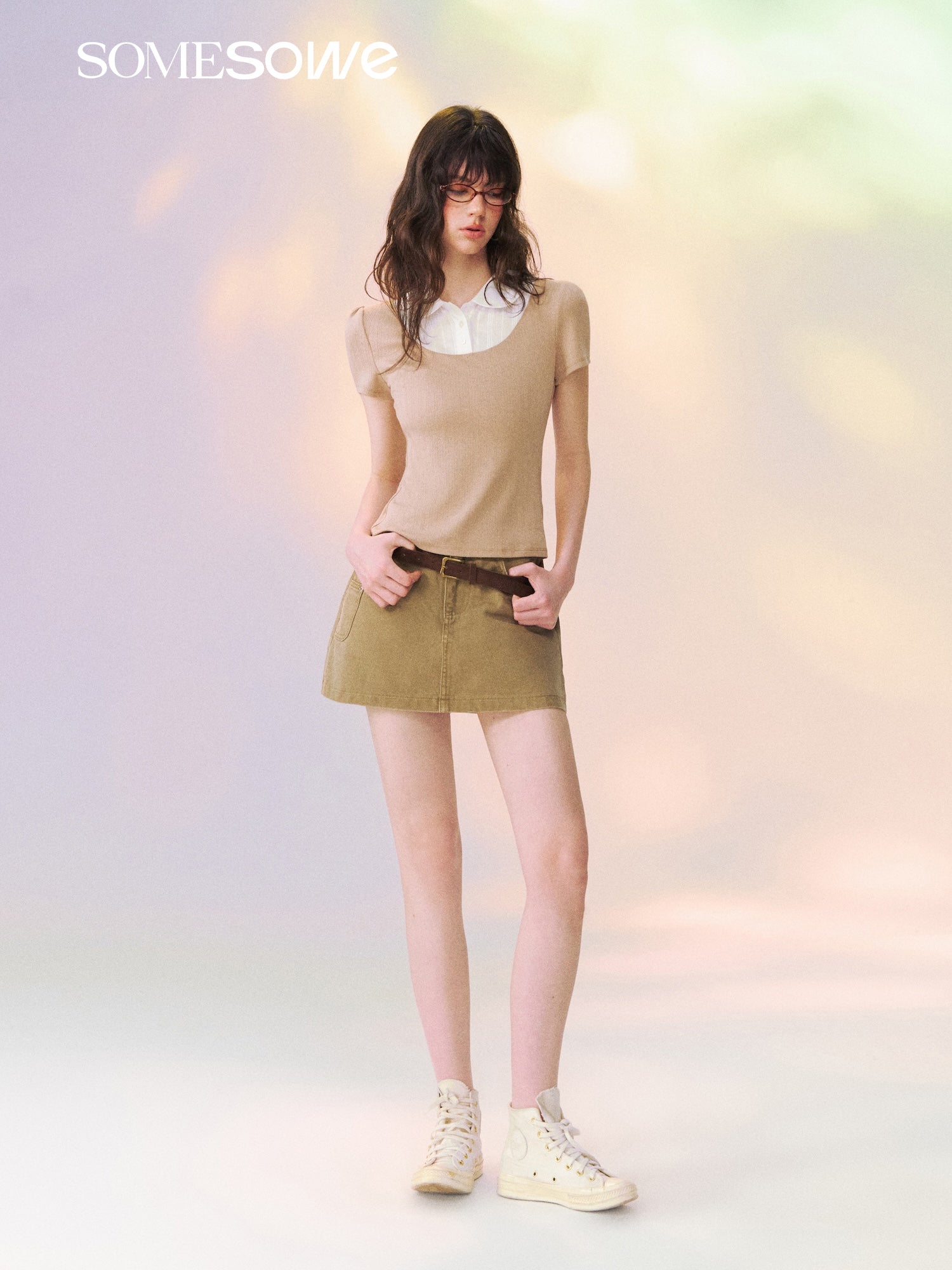 SOMESOWE S2609136 Fake Two-Piece Peter Pan Collar Short Sleeve T-Shirt