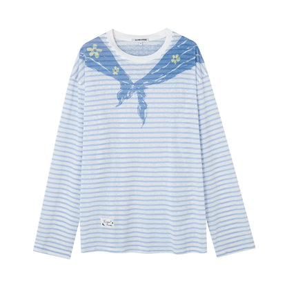SOMESOWE S2508134 Navy collar printed striped long sleeved T-shirt