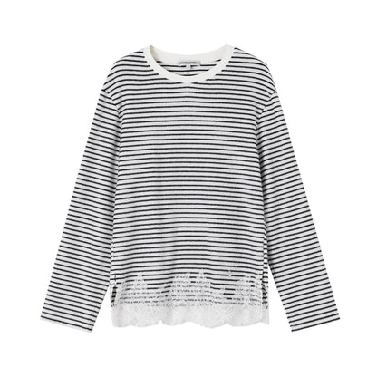 SOMESOWE S2508297 Lace patchwork velvet striped long sleeved T-shirt