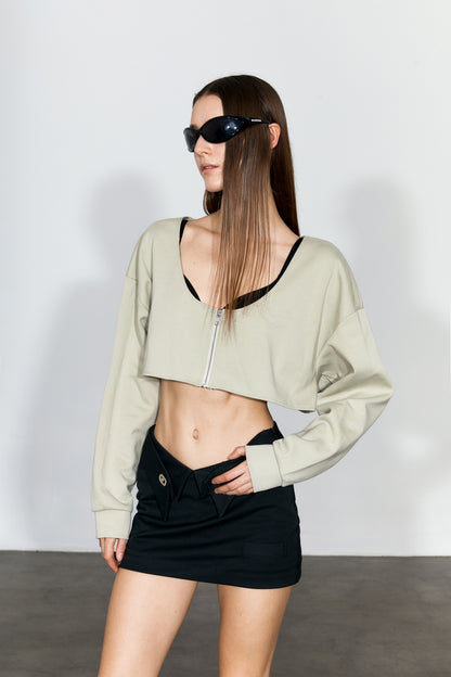 YJ1NGZYZJ Scoop-Neck Cropped Jacket In Grayish Green