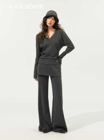 SOMESOWE S2508189&amp;S2508190 Lazy style bat sleeve V-neck top + pants set