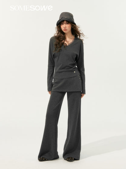 SOMESOWE S2508189&amp;S2508190 Lazy style bat sleeve V-neck top + pants set