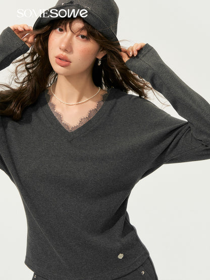 SOMESOWE S2508189&amp;S2508190 Lazy style bat sleeve V-neck top + pants set