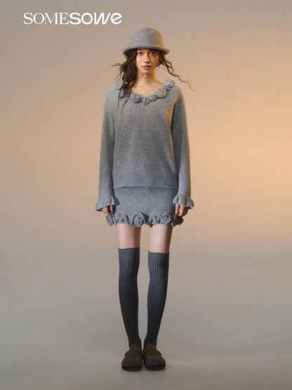 SOMESOWE S2508280&amp;S2508281 Rose V-neck long sleeved sweater + skirt set