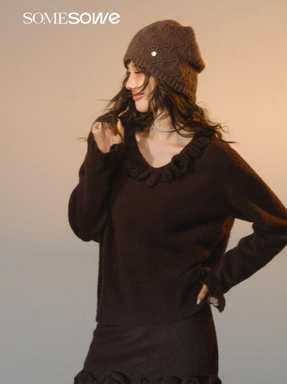 SOMESOWE S2508280&amp;S2508281 Rose V-neck long sleeved sweater + skirt set