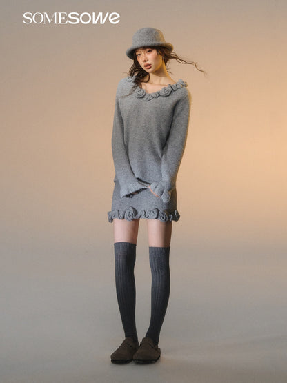 SOMESOWE S2508280&amp;S2508281 Rose V-neck long sleeved sweater + skirt set