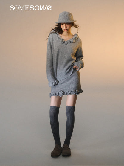 SOMESOWE S2508280&amp;S2508281 Rose V-neck long sleeved sweater + skirt set