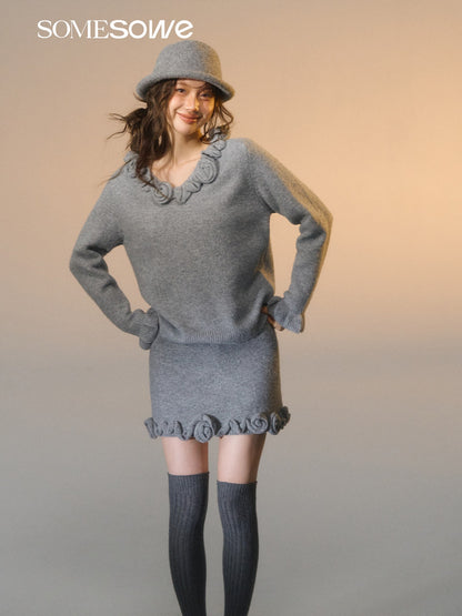 SOMESOWE S2508280&amp;S2508281 Rose V-neck long sleeved sweater + skirt set