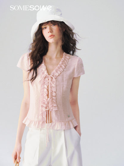 SOMESOWE S2609083 French V-neck lace short sleeved shirt