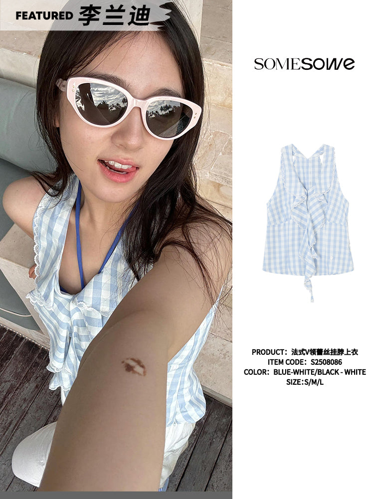 SOMESOWE S2508086 [Star Style] French V-neck lace halter-neck top (2color)