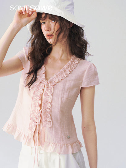 SOMESOWE S2609083 French V-neck lace short sleeved shirt