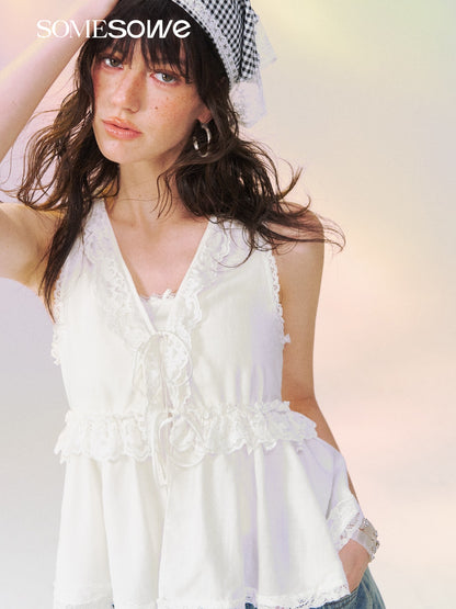 SOMESOWE S2609117 Lace Panel V-Neck Tie Blouse