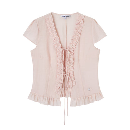 SOMESOWE S2609083 French V-neck lace short sleeved shirt