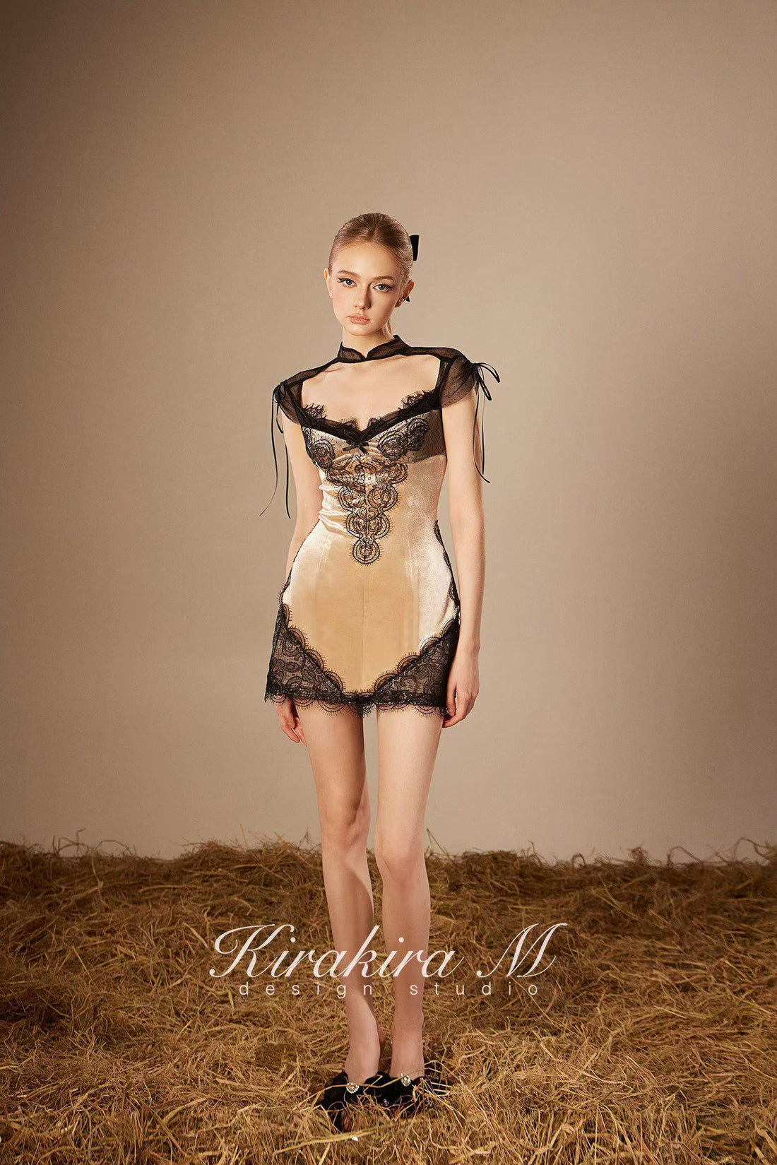 KiraKira M. K121151 "Wonderlust" Nude velvet with black lace dress