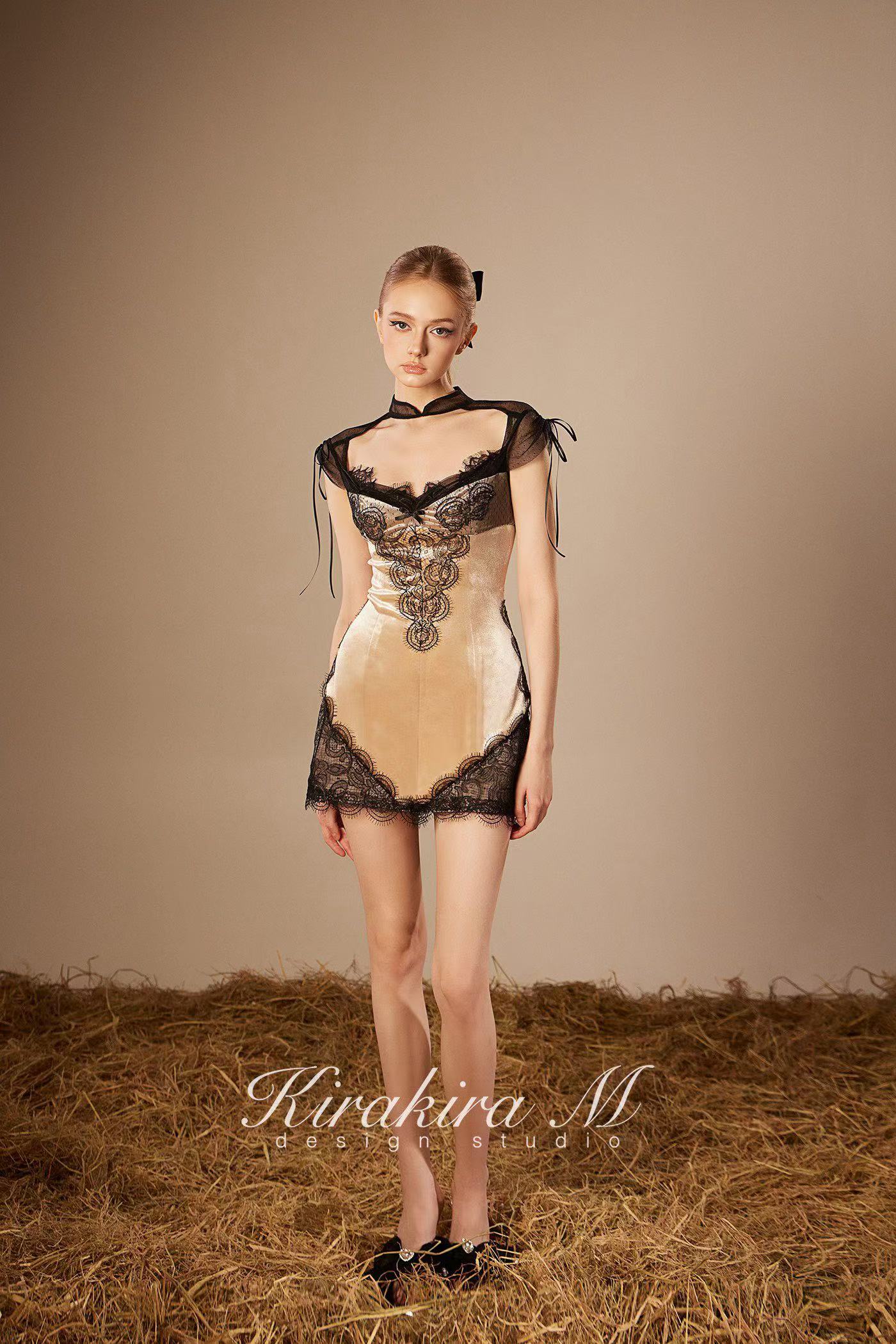 KiraKira M. K121151 &quot;Wonderlust&quot; Nude velvet with black lace dress