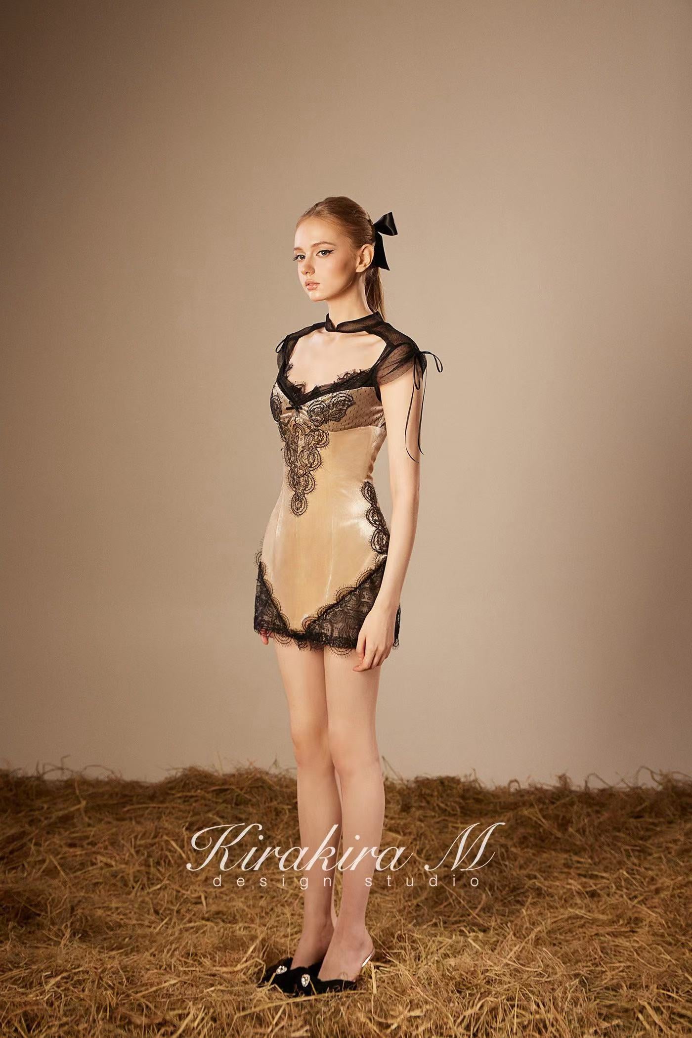 KiraKira M. K121151 &quot;Wonderlust&quot; Nude velvet with black lace dress